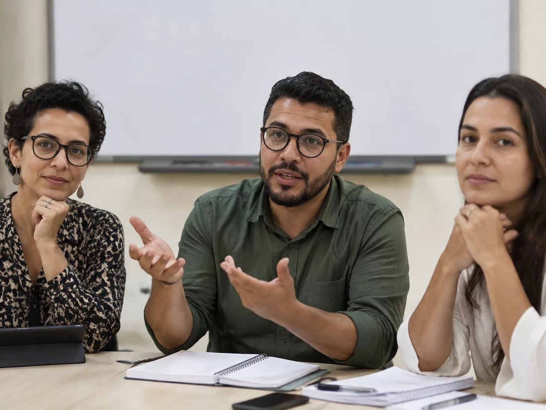 Participantes conferindo o roteiro da rodada minutos antes de a sessão começar